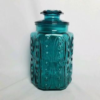 Vintage L.  E.  Smith Aqua Teal Blue Canister Atterbury Scroll Pattern