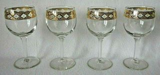 4 Vintage Culver Valencia 22k Gold Green Diamond Wine Water Glass 60 