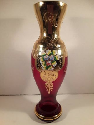 Murano Red & 24k Gold Decorative Art Glass Vase Handpainted Vintage Mcm Italy
