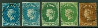 Ceylon 1857 - 59.  Sg 2,  2a,  3,  3a & 5.  1d X2,  2d X2 & 5d Imperfs Issues.  Very.