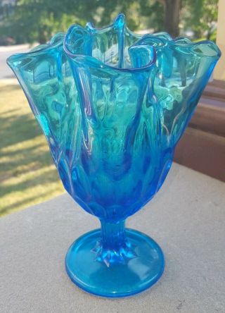 Vintage Fenton Blue Glass Thumbprint Pattern Footed Swung Handkerchief Vase