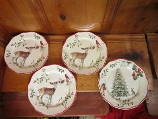 Set 4 Better Homes & Gardens Christmas Heritage Deer Tree 8 1/2 " Salad Plate