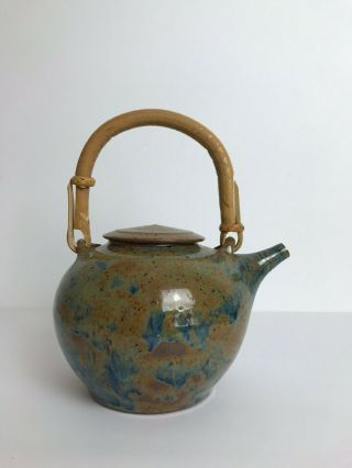 Vintage Studio Pottery Handmade Teapot Blue Brown Glazed Hand Thrown Lid Signed