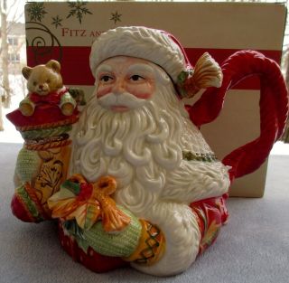Fitz & Floyd Damask Holiday Teapot Santa With Stocking
