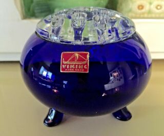 Vintage Viking Glass Flower Frog Cobalt Blue Flowerlite 007 Mcm Bowl Vase Candle