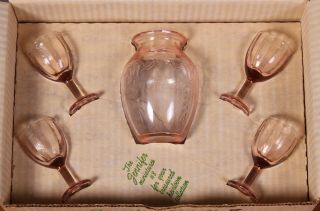 Mosser Glass Jennifer 8 Pink 4 Goblets And Water Decanter Miniature Set 206