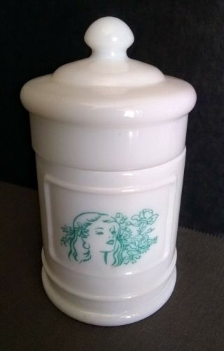 Vintage Milk Glass Turquoise Lady Apothecary Powder Jar Mid - Century Mod