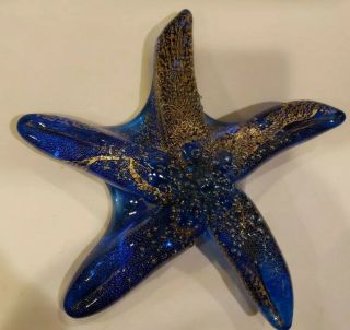 Hand Blown 8 " Art Glass Cobalt Blue And Gold Starfish Paperweight Signed