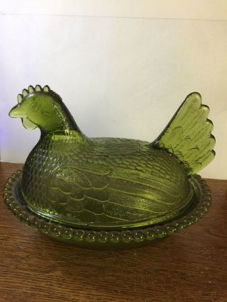 Vintage Green Glass Hen On A Nest Candy Dish Butter Dish Chicken