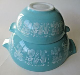 Vintage Pyrex Mixing Bowls Set Of 2 Butterprint Amish Rooster Turquoise Blue