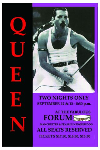 Freddie Mercury: Queen At The Forum In Los Angeles Concert Poster 1982 12x18