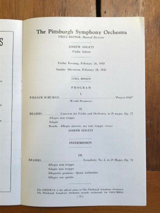 Classical Music Concert Program Szigeti Violinist Pittsburgh Symphony 1943
