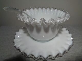 Vintage Fenton Silvercrest White Milk Glass Mayonaise Bowl,  Plate,  & Spoon