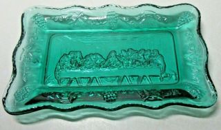 Euc Tiara Glass Spruce Green " Last Supper " Tray 5 1/2 "
