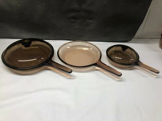 Set Of 3 Corning Ware Pyrex Visions Amber Cookware Skillet