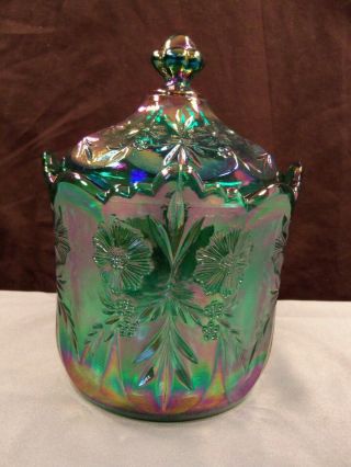 Fenton Green Carnival Glass Covered Candy Jar Box Dish W/ Floral Pattern