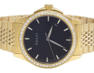 Gucci 101 G - Timeless Yellow S.  Steel Swiss Black Dial Diamond Watch Ya126402 2 Ct
