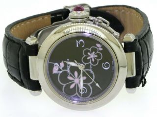 Cartier Pasha 2324 Ss Automatic Ladies Watch W/floral Dial & Pink Sapphire Crown