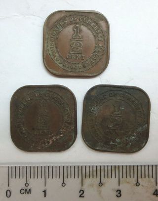 3 British Malaya 1/2,  Half Cent Copper Coins 1940 Kgvi King George Vi