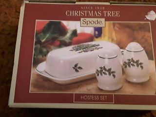Spode Christmas Tree Set Covered Butter Dish & Salt & Pepper Hostess Set Nib