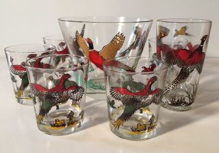 6 Vintage Hazel Atlas Glasses & Ice Bucket Pheasant Hunting Dog Mid Century