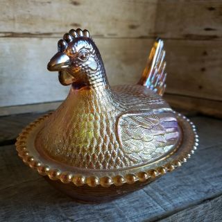 Vintage Gold Carnival Indiana Glass Hen Nest Chicken Covered Dish Beaded