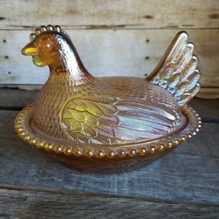 Vintage Gold Carnival Indiana Glass Hen Nest Chicken Covered Dish Beaded 2