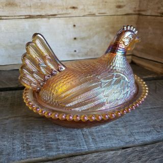 Vintage Gold Carnival Indiana Glass Hen Nest Chicken Covered Dish Beaded 3