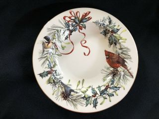 Lenox Winter Greetings Rim Soup Bowl Red Ribbons Birds On Holly And Pine
