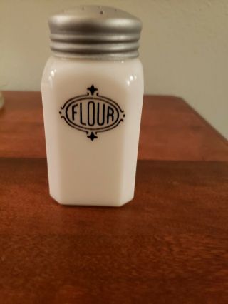 Vintage Hazel Atlas White Milk Glass Flour Shaker With Black Shielld Lettering