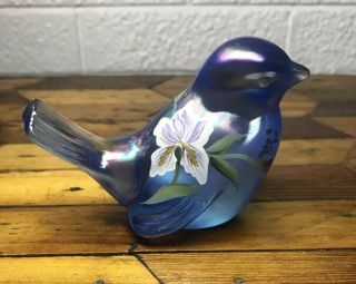 Fenton Blue Iridescent Carnival Bird Art Glass Hand - Painted Signed