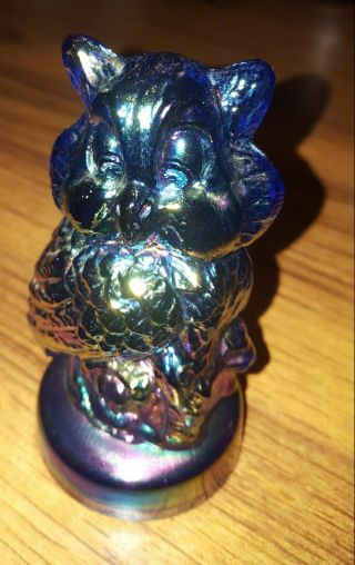 Joe St.  Clair/purplish Blue Solid Carnival Glass Owl Figurine Paperweight/mint