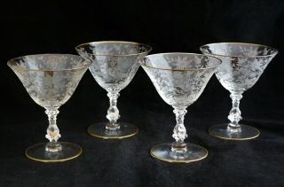 Set 4 Cambridge Glass Etched Wildflower Gold Rim Sherbets