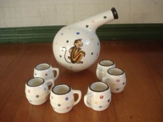 Vintage Decanter (?) Monkey Design 6 Small Mugs Made In Germany
