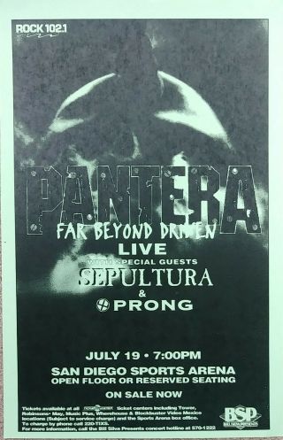 Pantera /sepultura /prong " Far Beyond Driven Tour " 1994 San Diego Concert Poster