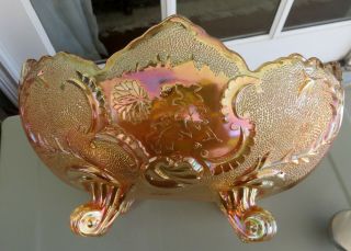 Jeanette Lombardi Marigold Carnival Glass Footed Console Bowl C.  1950s