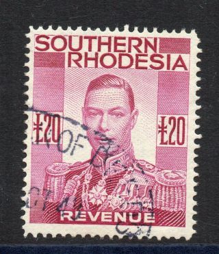 1937 Kgv1 Southern Rhodesia Bft:25 £20 Reddish - Purple Very Fine Revenue.