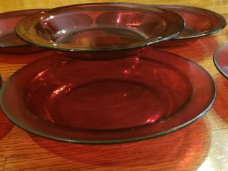8 Vintage Arcoroc France Ruby Red Garnet Rimmed 8.  5” Width Salad Soup Bowls