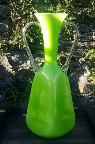 Vintage Retro Tall Lime Green Murano Art Glass Vase With Clear Twist Handles