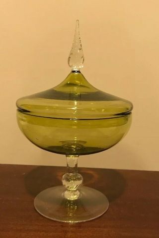 Vintage Green Pedestal Candy Dish With Lid.  10 1/2 " Tall