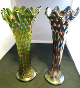 2 Carnival Glass Swung Vases,  Green Northwood Diamond Point & Fenton Blue Rustic