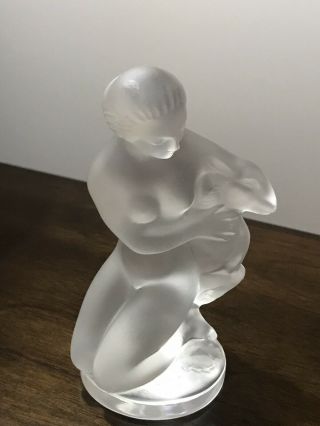 Lalique Nude Lady Diana Goddess Of The Hunt With Deer Signed Frosted Figurine