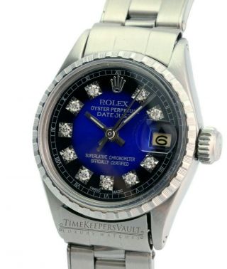 Rolex Ladies Datejust 6517 26mm Ss Blue Vignette Diamond Dial 26mm Watch