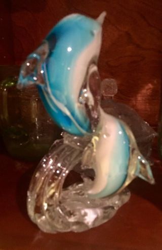 Vintage Hand Blown Italian Murano Art Style Glass Dolphin 8 1/2” Sculpture