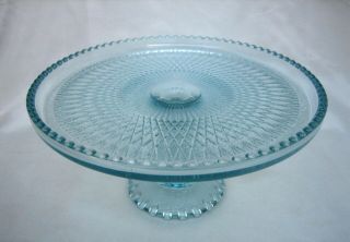 Jeannette Glass Harp Ice Blue Cake Stand Footed Plate Vintage Mid - Century