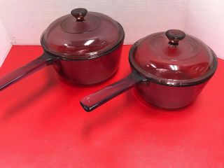 Corning Pyrex Vision Cranberry 1 L & 1.  5 L Saucepans / Pots & Glass Lids