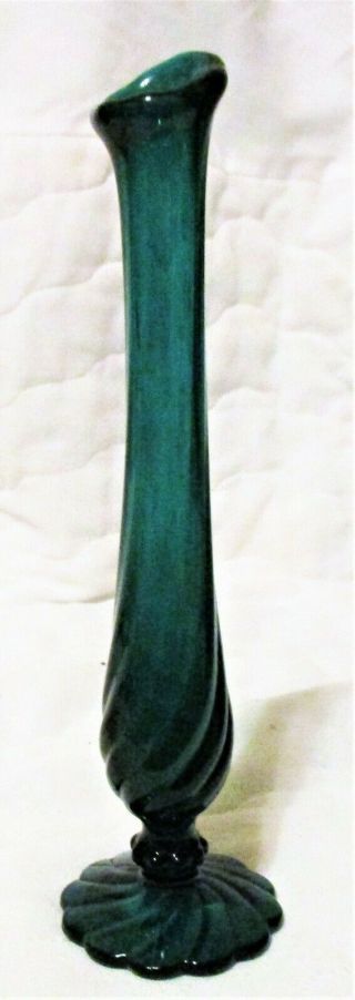 Vintage Dark Teal Green Glass Bud Vase Footed 9 " Mid Century Modern Swirl Design