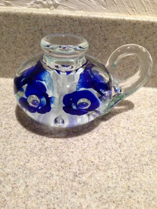 Joe St.  Clair Glass Candle Holder Paperweight Blue Flowers