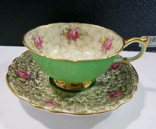 Gold Green Paragon Tea Cup And Saucer With Roses