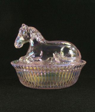 Summit Art Glass Pink Carnival Horse Pony Covered Dish